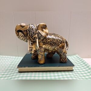 La Vie Elephant Figurine Safari Animal Print Patchwork Ceramic
